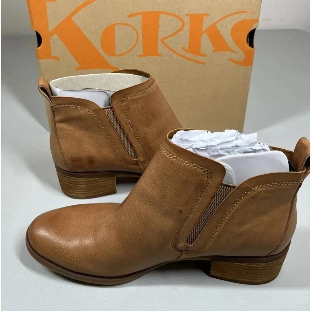 Korks by Kork-Ease Genuine Leather Cognac Tan Brown Ankle Boots, 6.5 or 6 1/2